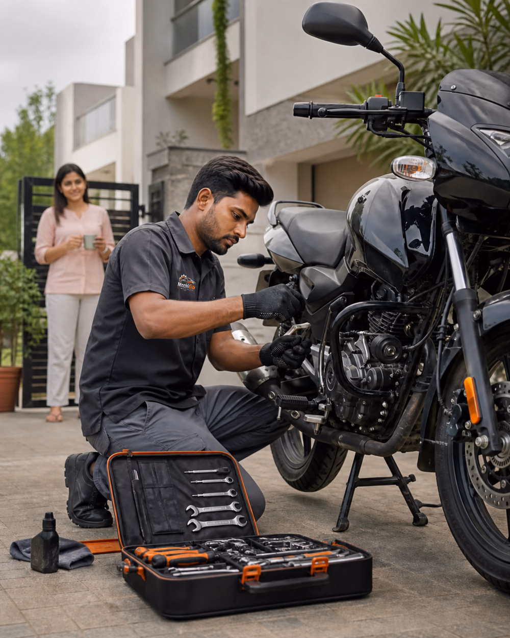MechiGo mechanic servicing a motorcycle at a customer location